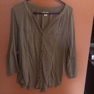 Olive green tunic length button down top